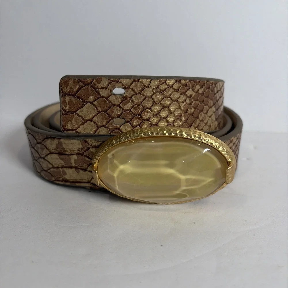 Chico's Snakeskin Pattern Leather Belt Gold Amber Lucite Buckle Adjustable M L
